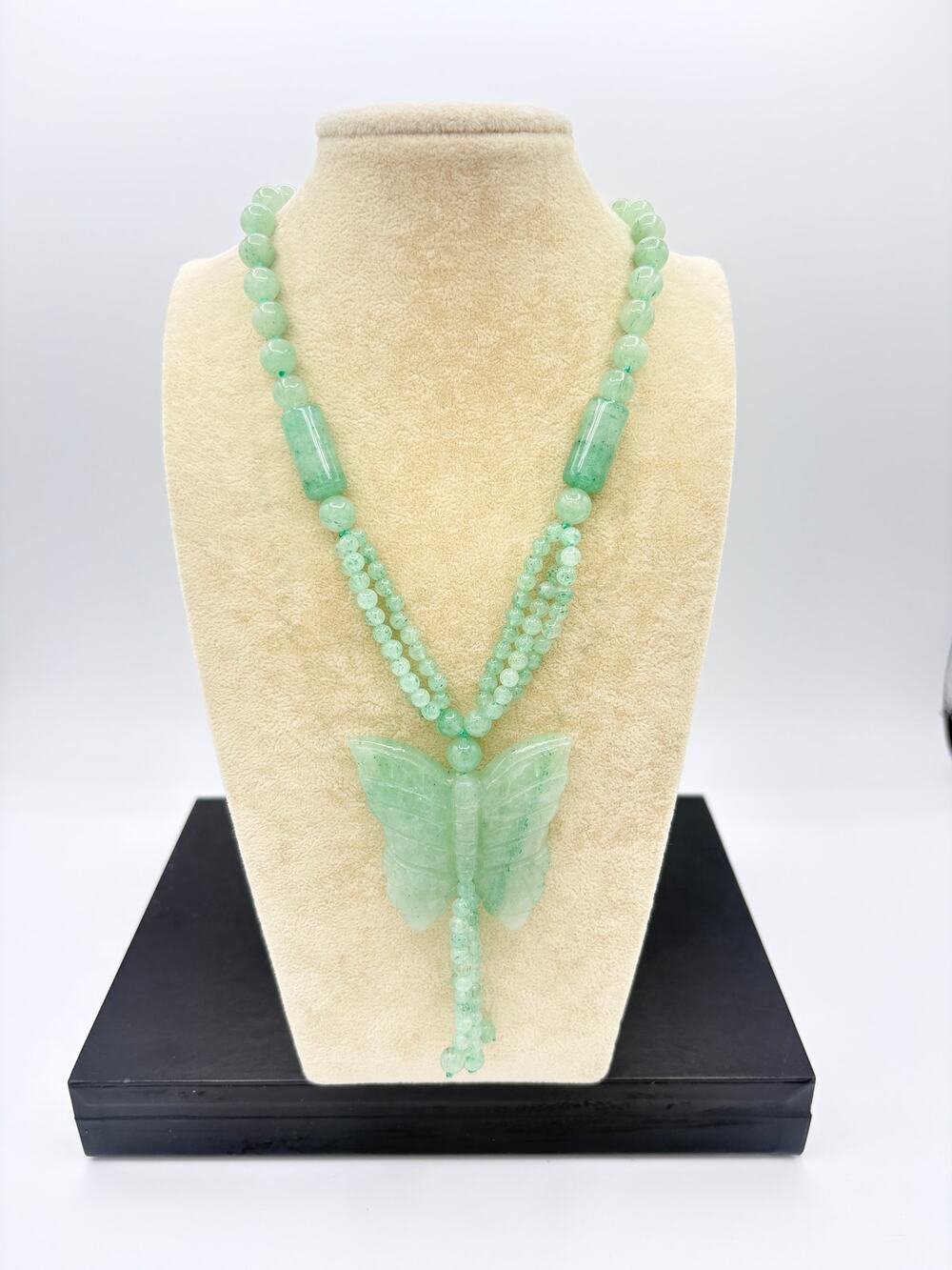 Vintage Aventurine Necklace, 30" Continuous Strand with Carved Butterfly Pendant